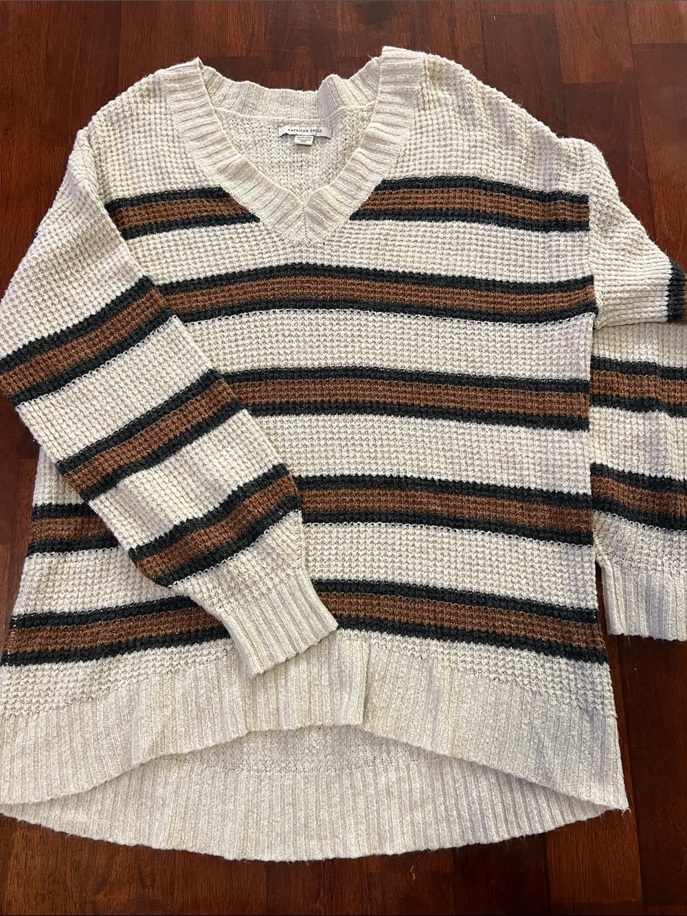 American Eagle Outfitters Cream V‑Neck Sweater with Brown & Black Stripes